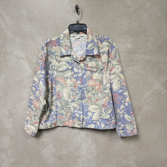 Vintage Norm Thompson Floral Print Linen/Cotton Blend Jean Jacket Size XL - Picture 3 of 7